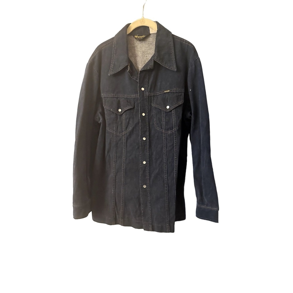 Wrangler Mens Denim Snap Button Shirt Jacket Made In USA Dark‎ Wash Long Sleeve